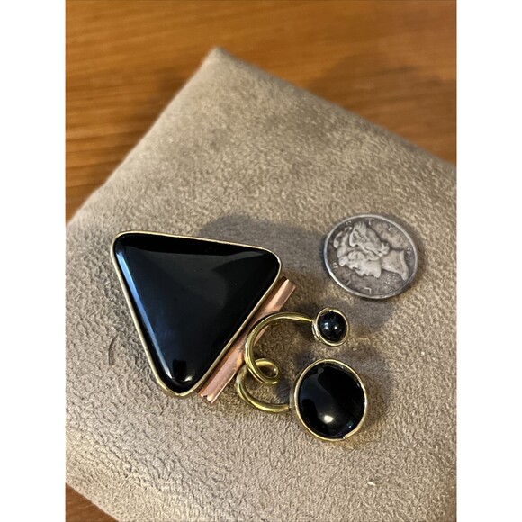 Vintage  Mid century Modern brooch pin Pendant Atomic Style gold tone Faux Onyx - Picture 6 of 7